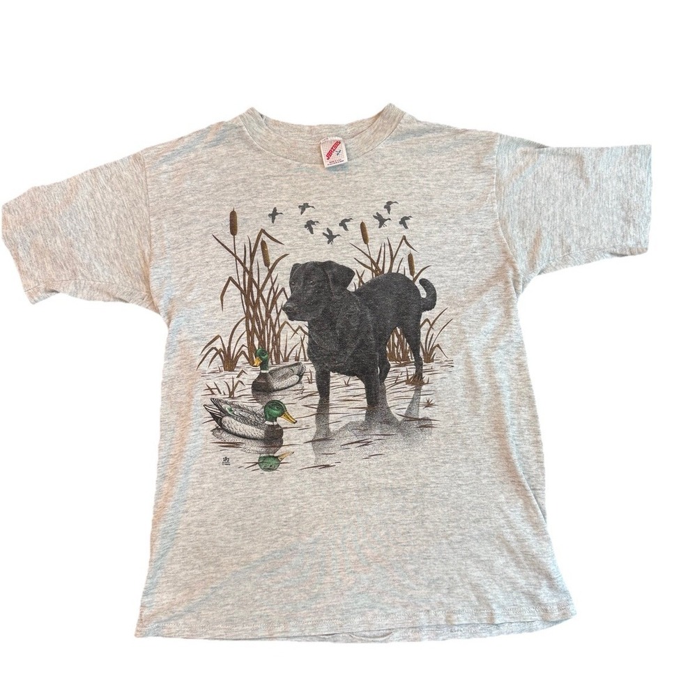 VTG JERZEES T Shirt XL Dog Ducks Water TISSUE THIN Single Stitch